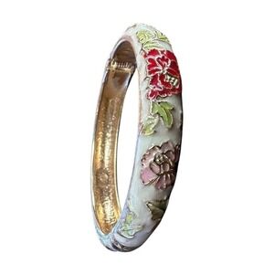 Vintage Enamel Floral‎ Hinged Bangle Bracelet Gold Tone Women's Fashion Jewelry